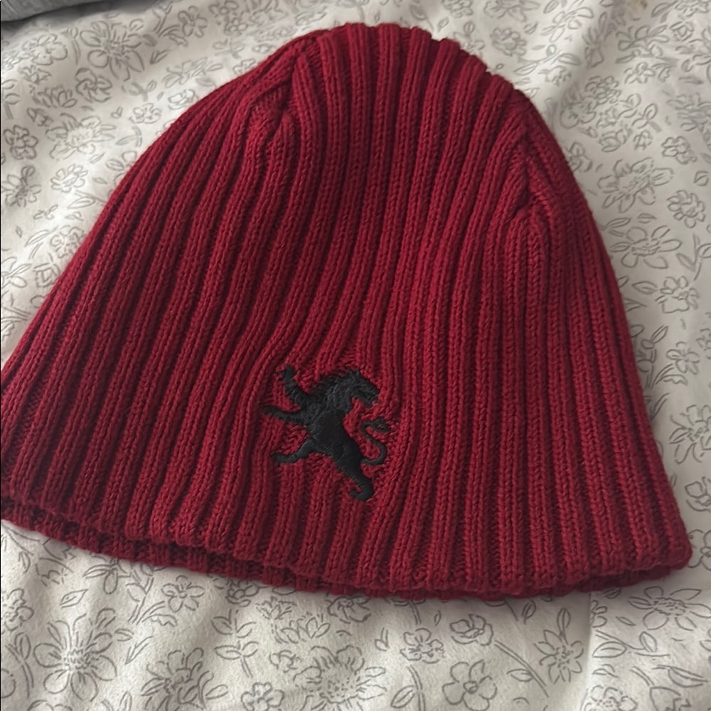 Red Ribbed Beanie with Black Lion Embroidery